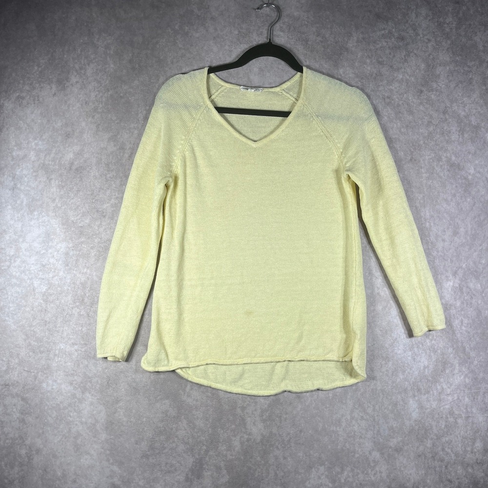 Eileen Fisher Sweater Womens Size XS Yellow Knit Linen Open Knit Pullover V-Neck